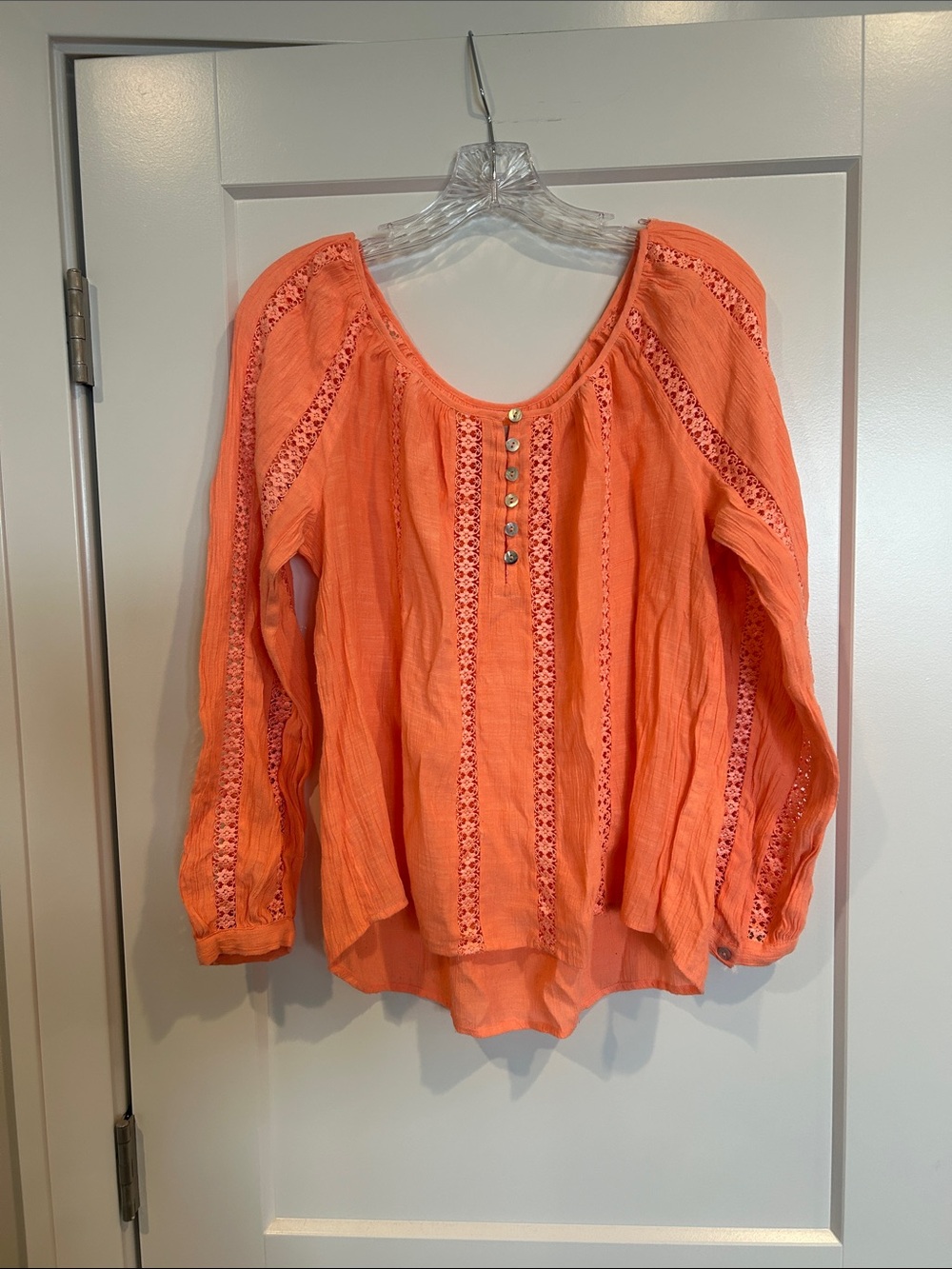 Women's tangerine colored Embroidered Peasant Blouse - size Medium